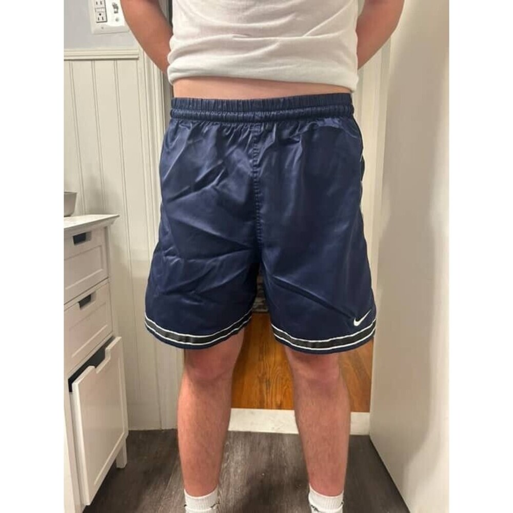 Nike 90s Super Rare Vintage America Soccer Shorts Navy Blue Satin Silky Glanz Md